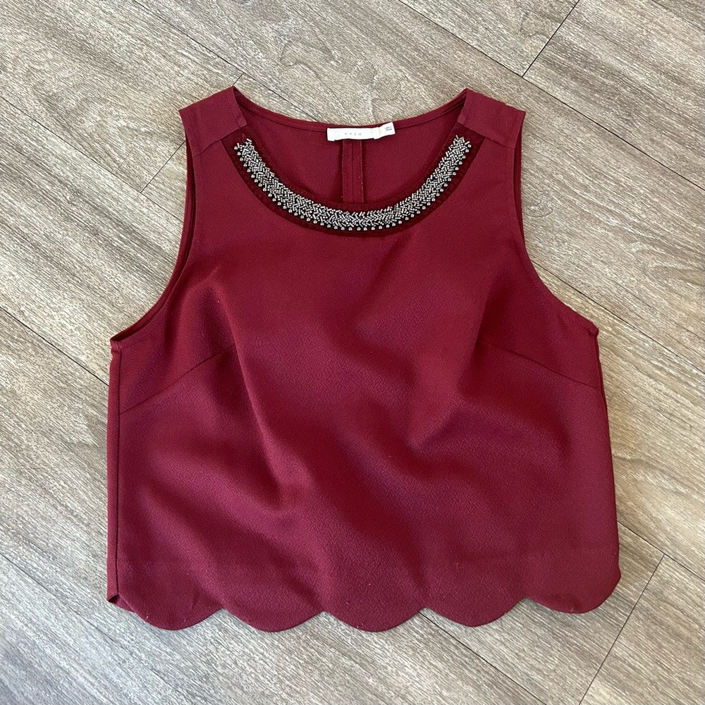 Lush Embellished Oxblood Burgundy Scalloped Top Small